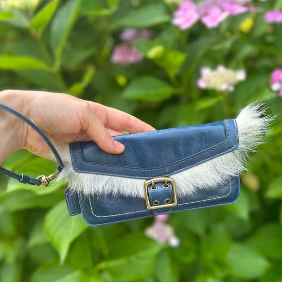 Coach Blue Leather and Shearling Trim Wristlet - Picture 2 of 5